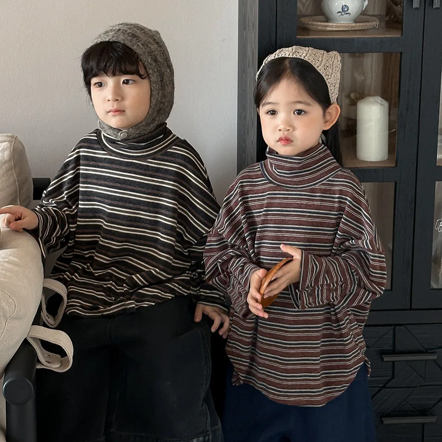 

2025 Autumn New Kids Half Neckline Turtleneck Top Vintage Unisex Baby Cotton Soft Long Sleeve T Shirts for Boys Girls 1-8 Years
