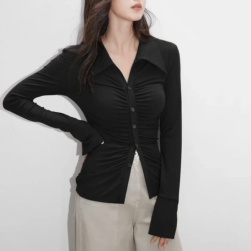 Rimocy-Chemise de Bureau à Manches sulfpour Femme, Coupe Cintrée, Style Coréen Plissé, Simple Boutonnage, Col Rabattu, 2024