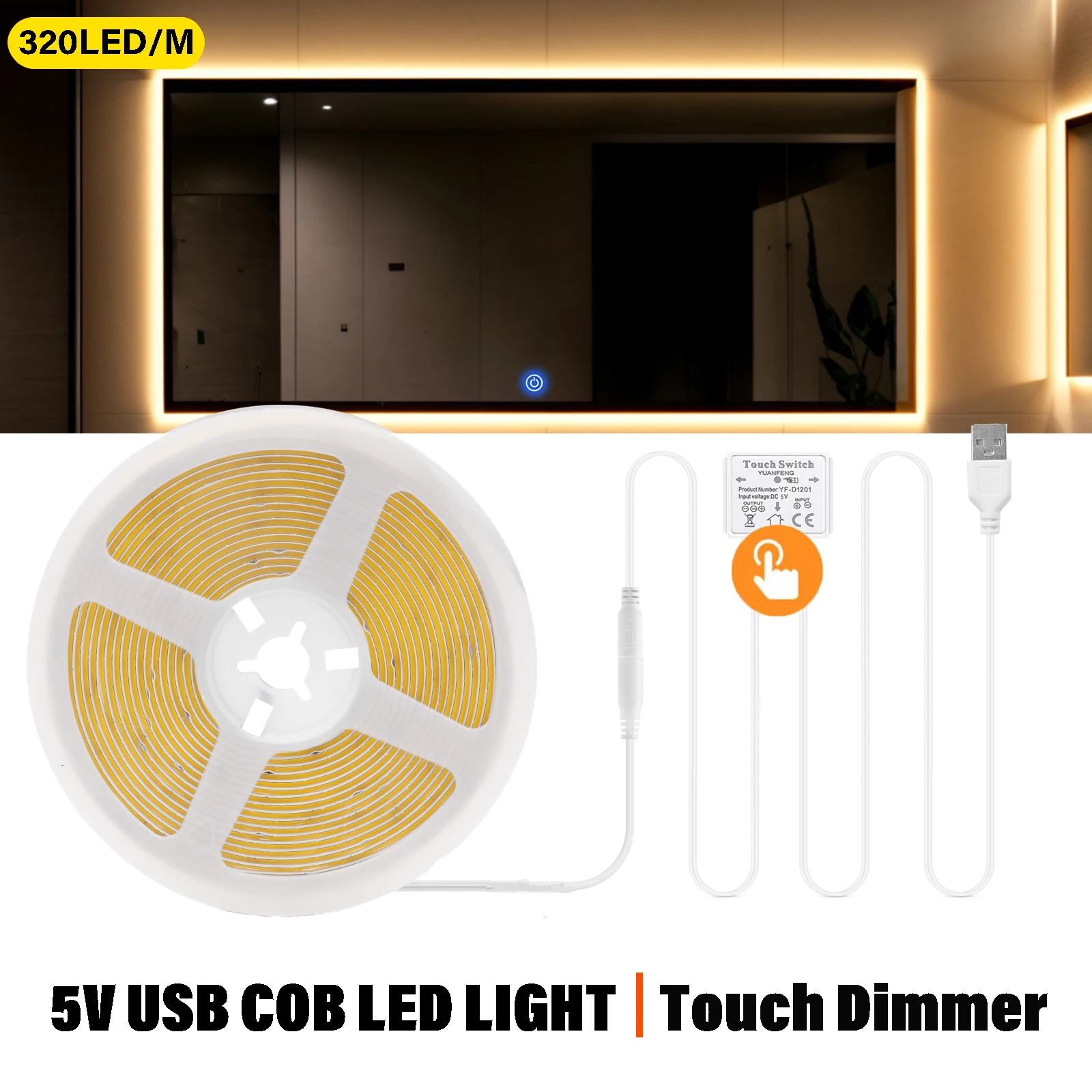 Dimmable LED Makeup Mirror Backlight Lamp 5V USB COB Strip Super Bright 320LEDs/m Bathroom Vanity Mirror Light with Touch Switch