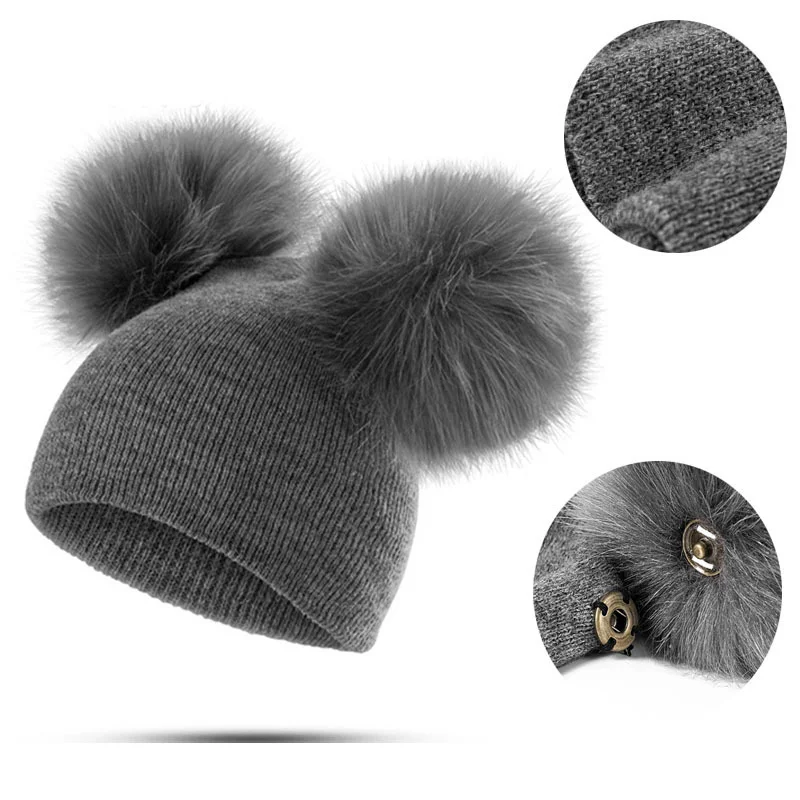 Double Pompom Baby Hat Solid Color Knitted Cap for Boy Girl Autumn Winter Toddler Kids Beanie Outdoor Windproof Warm Accessories