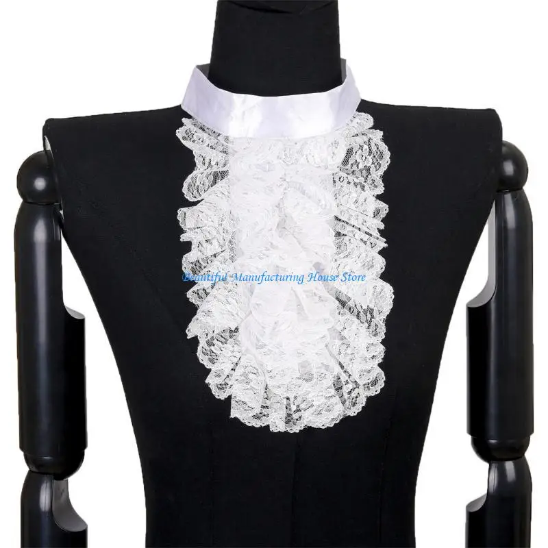 E56A Renaissances Styles Ruffled Lace Jabot Collar Victorian Shirt Front Collar for Victorian and Steampunk Costume Accessory