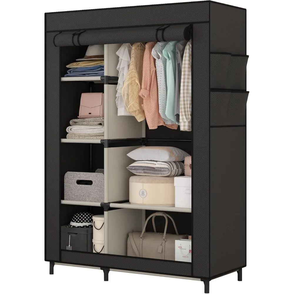 Portable Closet Organizers, Clothing Storage,Wardrobe with 6 Shelves and Hanging Rod, Non-Woven Fabric Cover with 4 Side Pockets