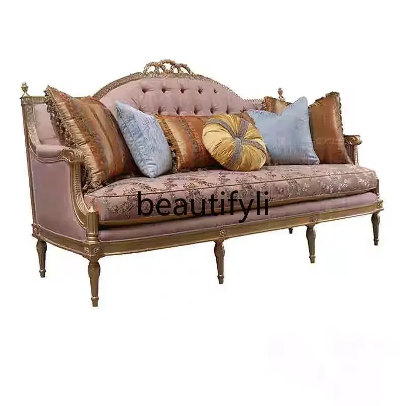 

French retro luxury embroidery living room fabric solid wood sofa engraved gold foil sofa7446