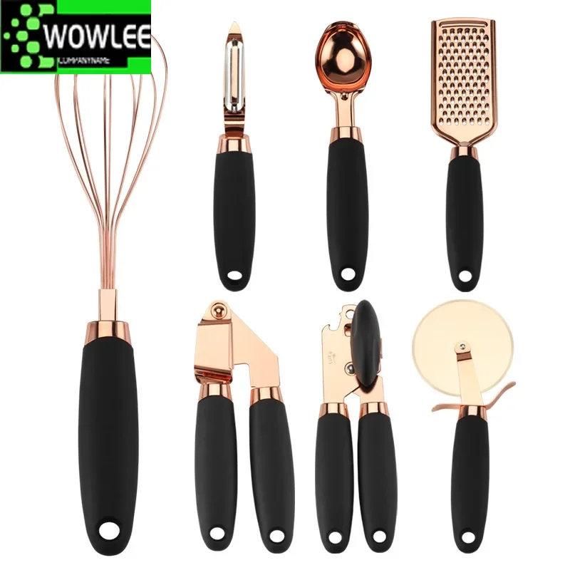 7PCS Rose Gold Garlic Press Pizza Cutter Kitchen Gadget Set Can Opener Potato Cooking High-End ware  Accessories