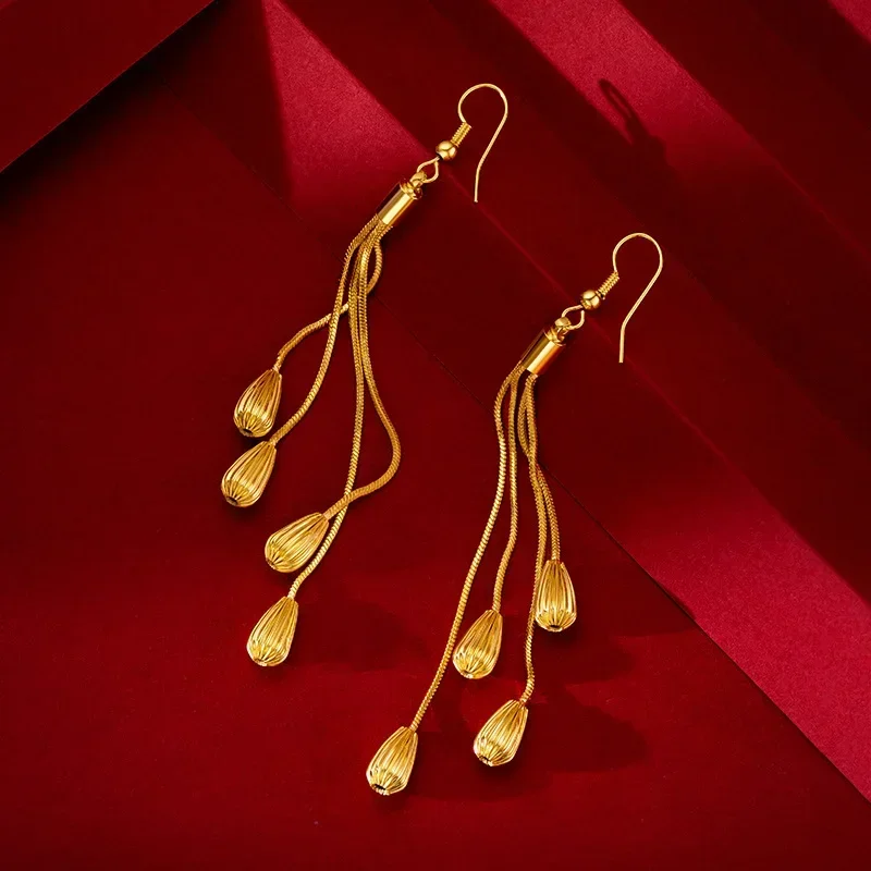 

9999 Real Gold 24K Women's Wheat Fringe Earrings, Temperament National Style Water Drop Earrings Ethnic Style Earrings