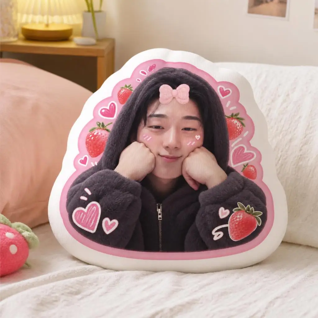 ATEEZ San Strawberry Hood Shaped Pillow Cute K Pop Idol Cushion Stuffed Throw Pillow for Sofa Bedroom Home Decor Fan Gift