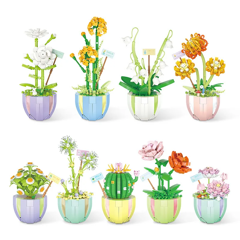 Flower Building Blocks Desktop Succulent Potted Ornaments Diy Small Particles Assembled Children Girl Toy Gift Compatible Lego