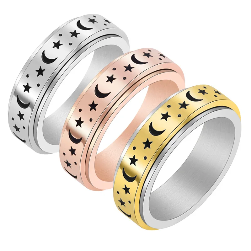 Stainless Steel Fidget Spinner Rings Moon Star Sun Fine Tuning Rotating Boho Jewelry Gift Lucky Worry Ring For Anxiety