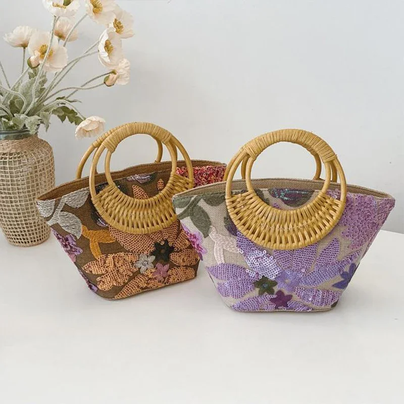 

PVC Sequin Straw Woven Bag, Linen Bamboo Contrast Color Embroidery Women's Handbag,Summer Beach Vacation Delicate Bucket Bag