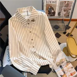 Female Casual Striped Turn-down Collar Long Sleeve Buttons Blouse Autumn Preppy Style Loose Shirts Women Clothing All-match Tops