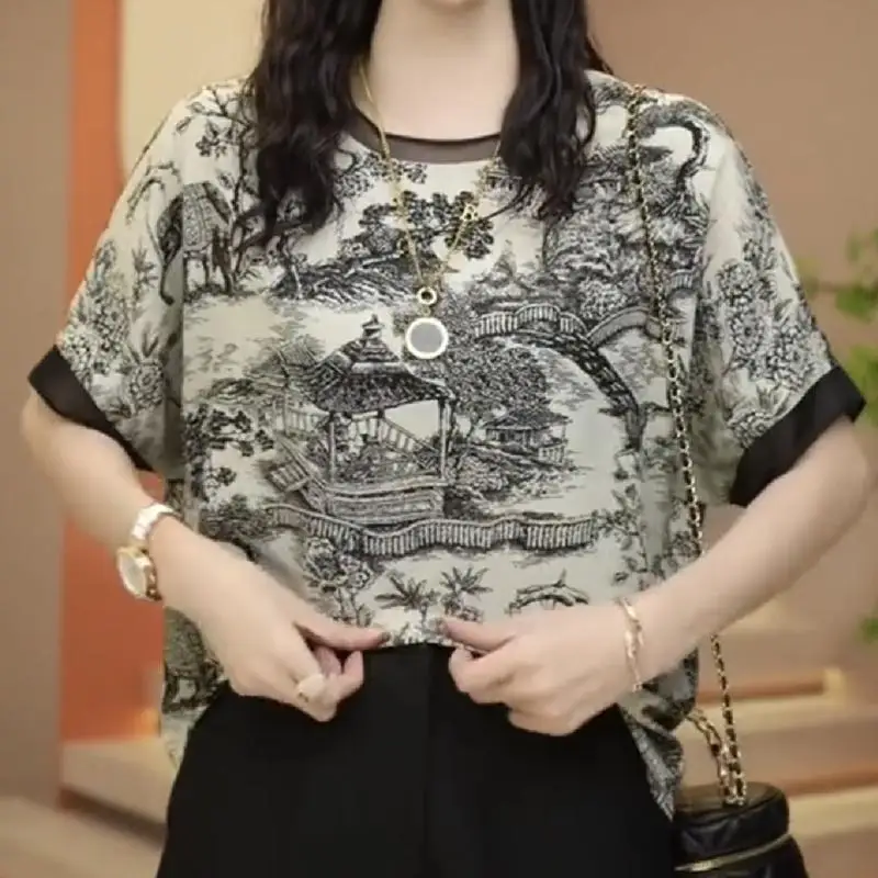 T-shirt en mousseline de soie à manches courtes et col rond pour femmes, vêtements élégants, t-shirts décontractés, mode printemps et été