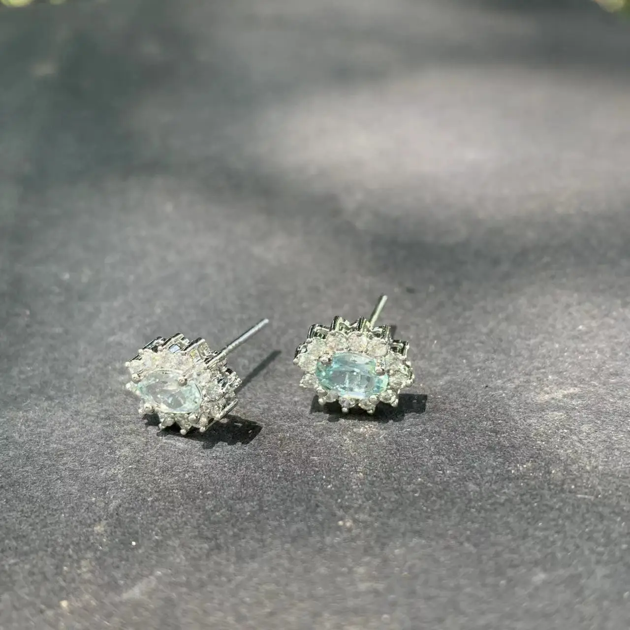 Genuine Natural Blue Topaz 925 Sterling Silver Stud Earrings for women Jewelry Gift 1.4ct Ocean Blue Topaz Oval Pave CZ