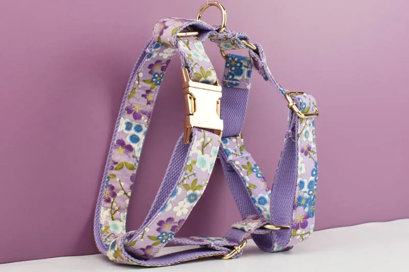 Adjustable Dog Harness Printed Purple Soft Cotton Personalized Dog Collar Leashes Harness Bow Set Dog Accessories Flowers 03
