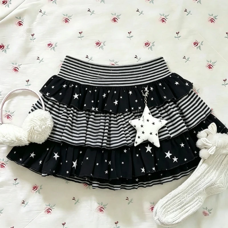 Y2K Punk Subculture Mini Skirt Women Japanese Kawaii Vintage Ruffled Print Half Skirt High Waist For Party Street Daily Look
