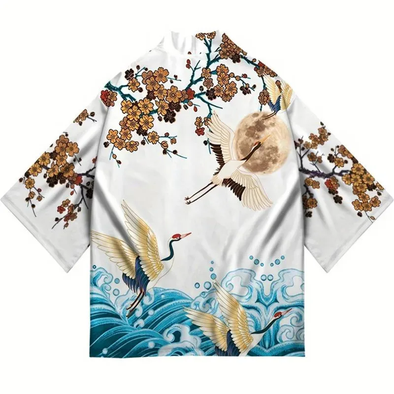 Японское кимоно, кардиган, юката, самурай, мужская и женская рубашка с принтом журавля, пляжная рубашка хаори, Харадзюку Оби, китайский стиль, азиатская уличная одежда 5XL