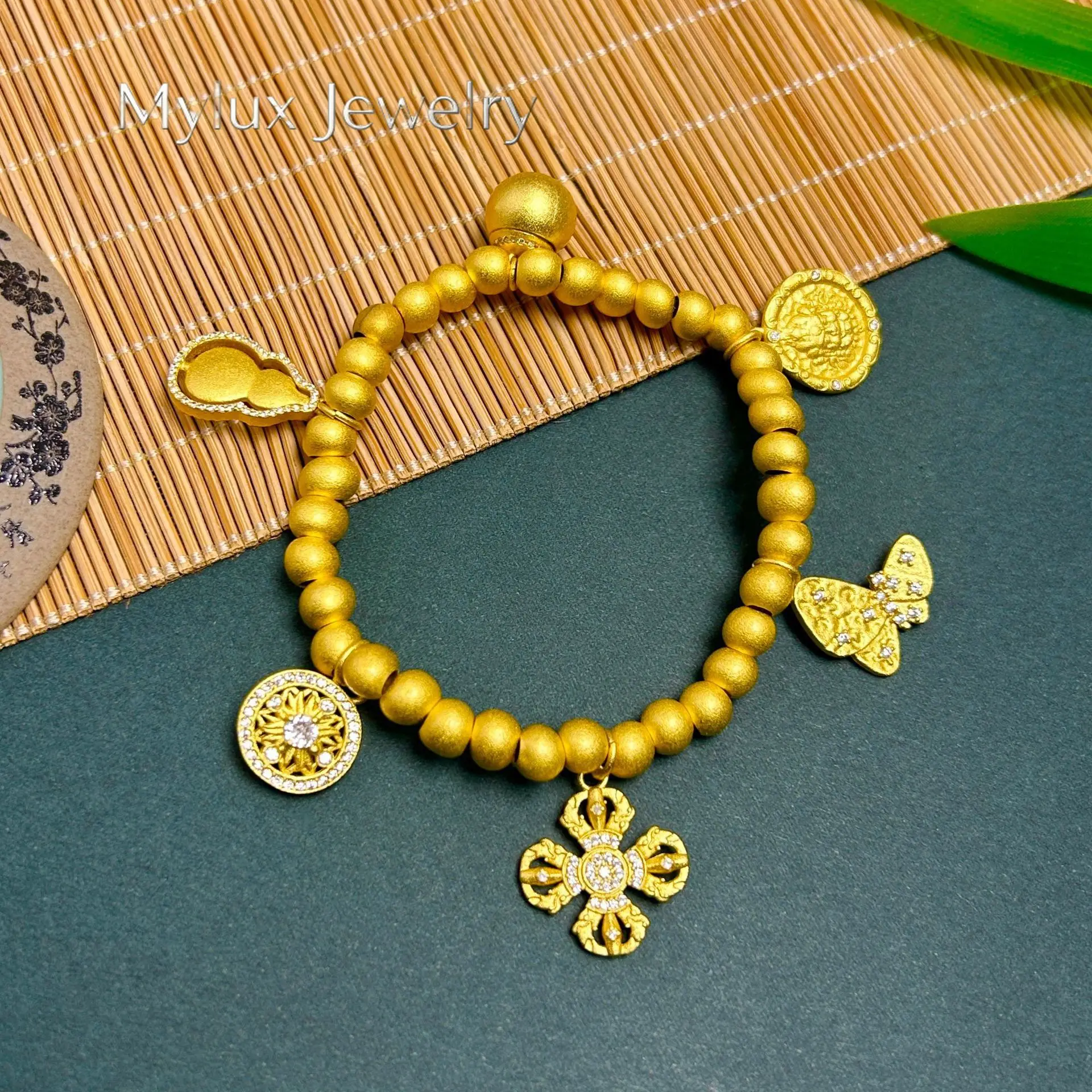 Mylux Jewelry Luxury 9999 24K real gold hollow filigree compass cross vajra bracelet gourd bead bracelet