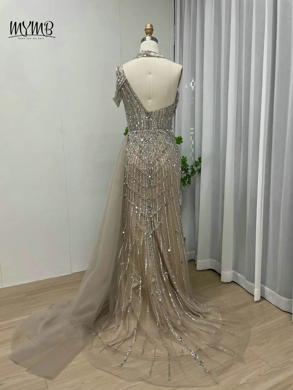 MYMB Lila Rosa Neckholder Meerjungfrau Split Arabische Abendkleider für Frauen Promi Wunderschönes Perlen Schulterfreies Hochzeitskleid – Detail 12