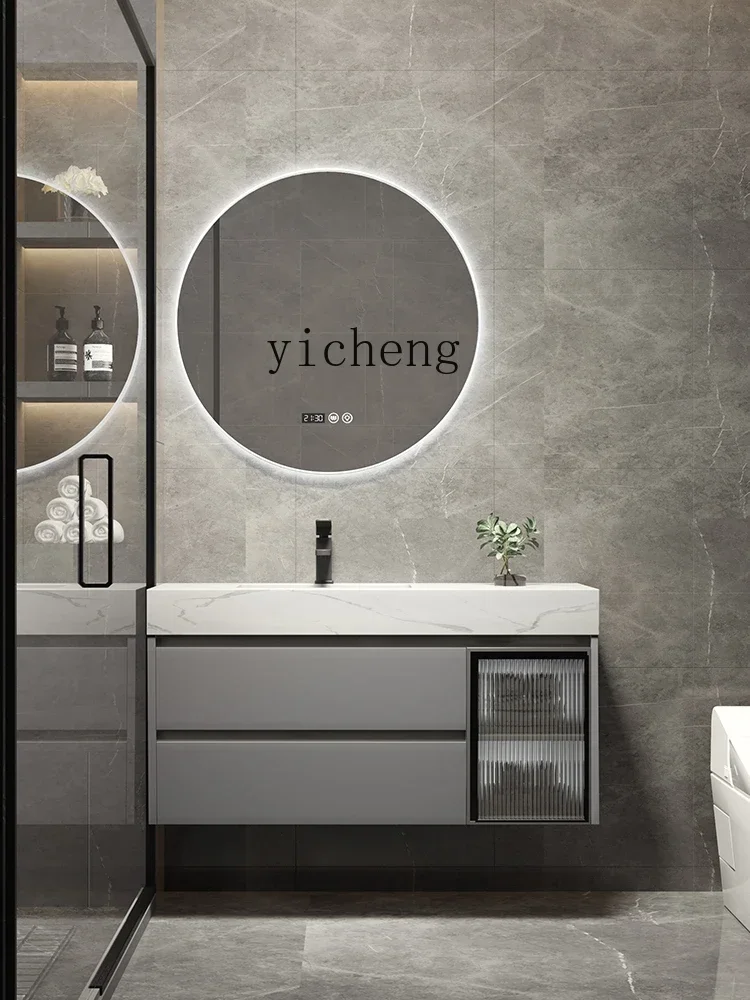 i10.10-Stone Plate Ceramic Basin Multi-Layer Solid Wood Gray Modern Minimalist Bathroom Cabinet Combination