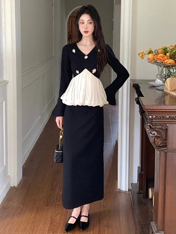 

Элегантный комплект с юбкой-блумер и V-образным вырезом, асимметричный дизайн с завышенной талией, стройнящий силуэт, осенне-зимний модный женский костюм из двух предметов