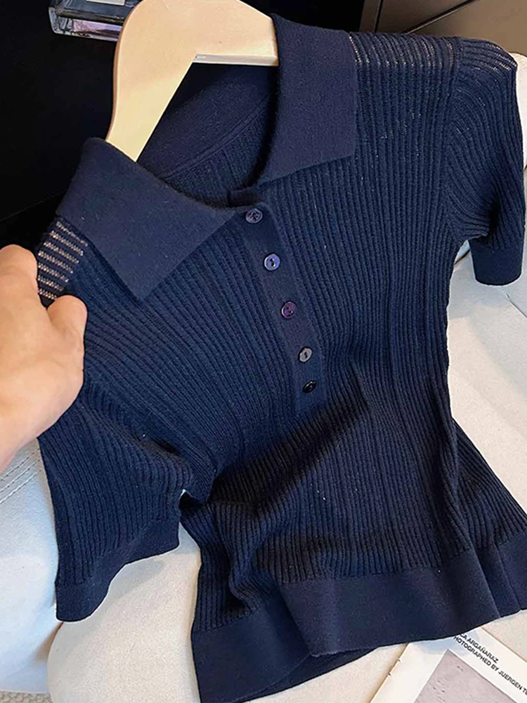 

Elegant Neck Short Sleeve Knitted Shirt Thin Mesh Hollow out Top for Women Autumn Outerwear Commute Style Soft Fabric