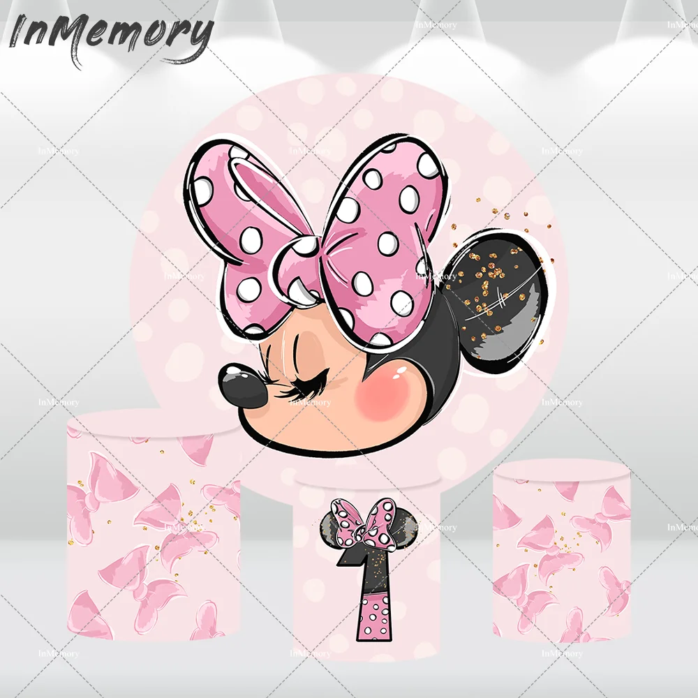 Minnie Mouse Cabeça Baby Shower Decoração, Custom Round Backdrop Cover, Girl's 1st Birthday Circle Background, Bolo Table Banner