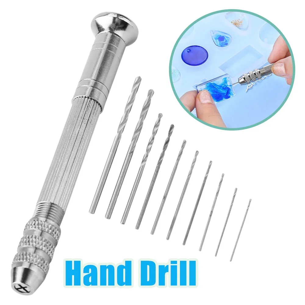 1pc/10pcs Set Mini Hand Drill Manual Twist Drill Tool 4 Heads 0.8-3.0mm Craft Jewelry Walnut DIY Model Making Precision Work
