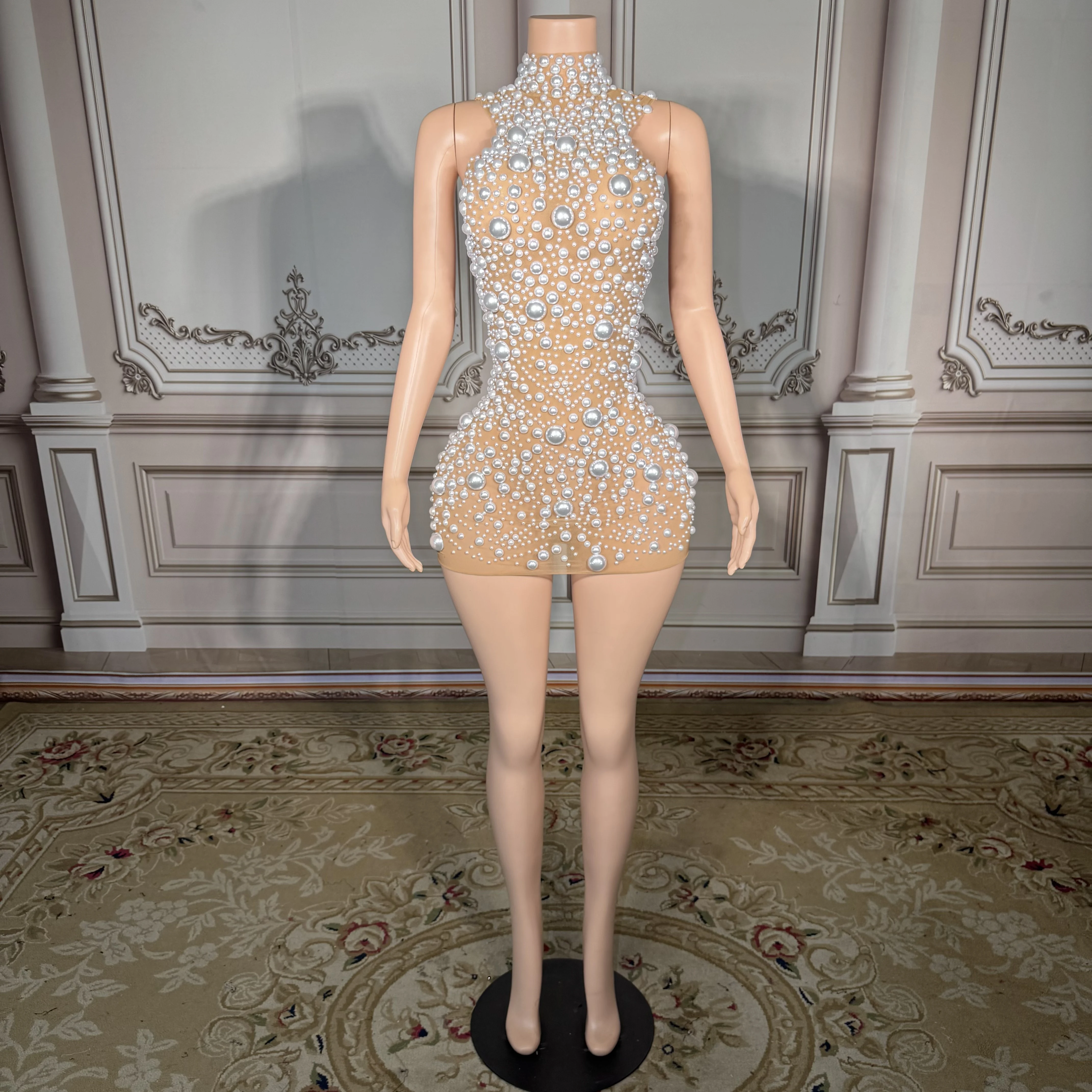 ZD Elegante A-lijn Satijnen Avondjurk Zuiver Witte Parels Naakt Mesh Trim Rode Loper Mode Outfit voor Zomer Sexy Nieuw Ontwerp