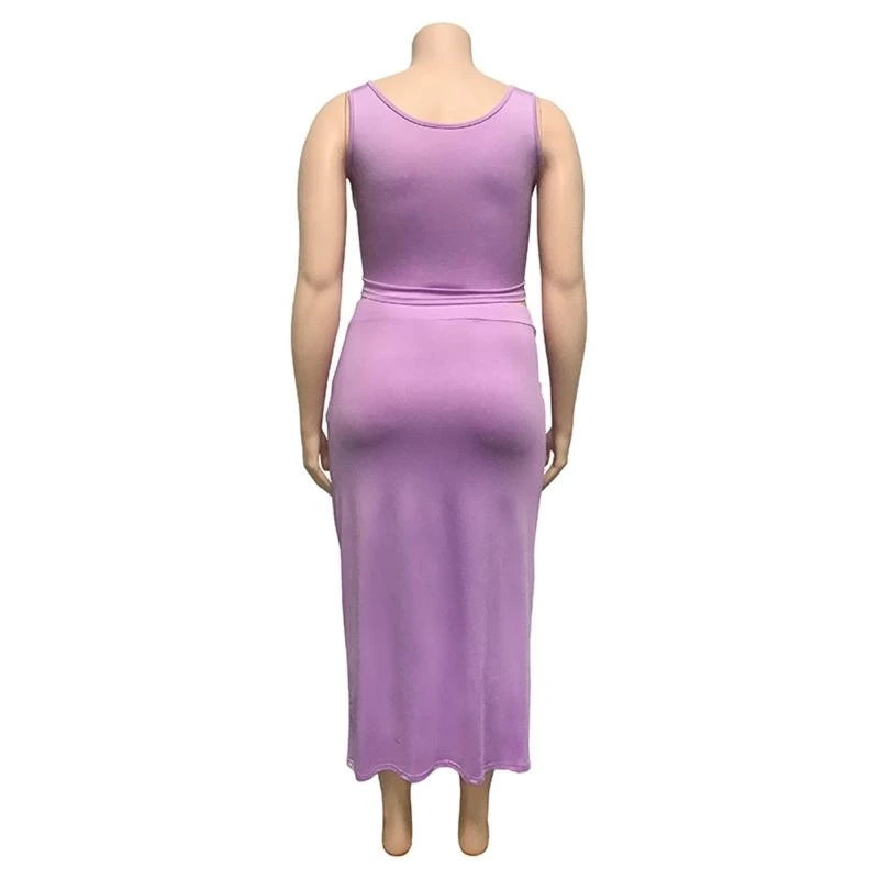 여성 여름 플러스 사이즈 2 피스 의상 세트 탱크 탑과 넥타이 매듭 프론트 미디 롱 바디콘 스커트 솔리드 컬러 민소매 자르기