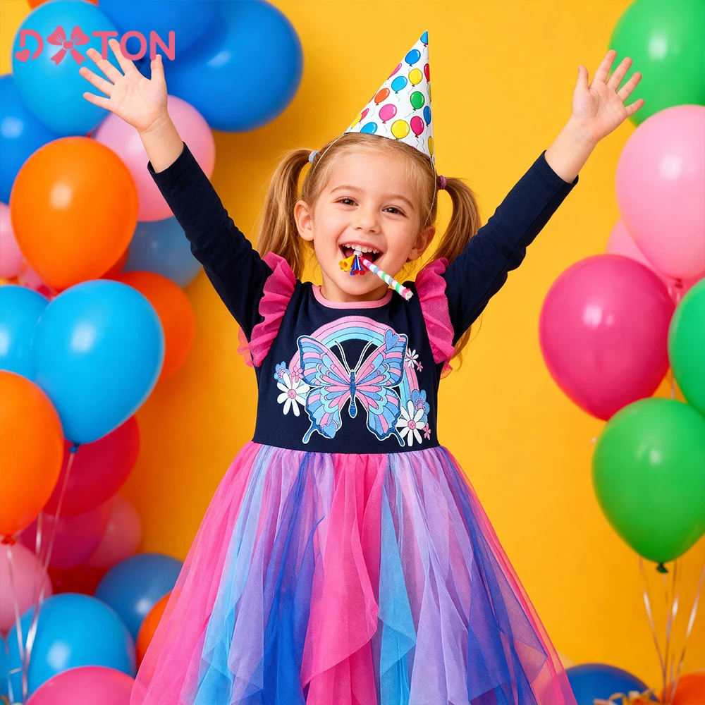 DXTON Autumn Kids Princess Dresses For Girls Butterfly Printed Toddler Holiday Costumes Flower Irregular Mesh Party Kids Dresses