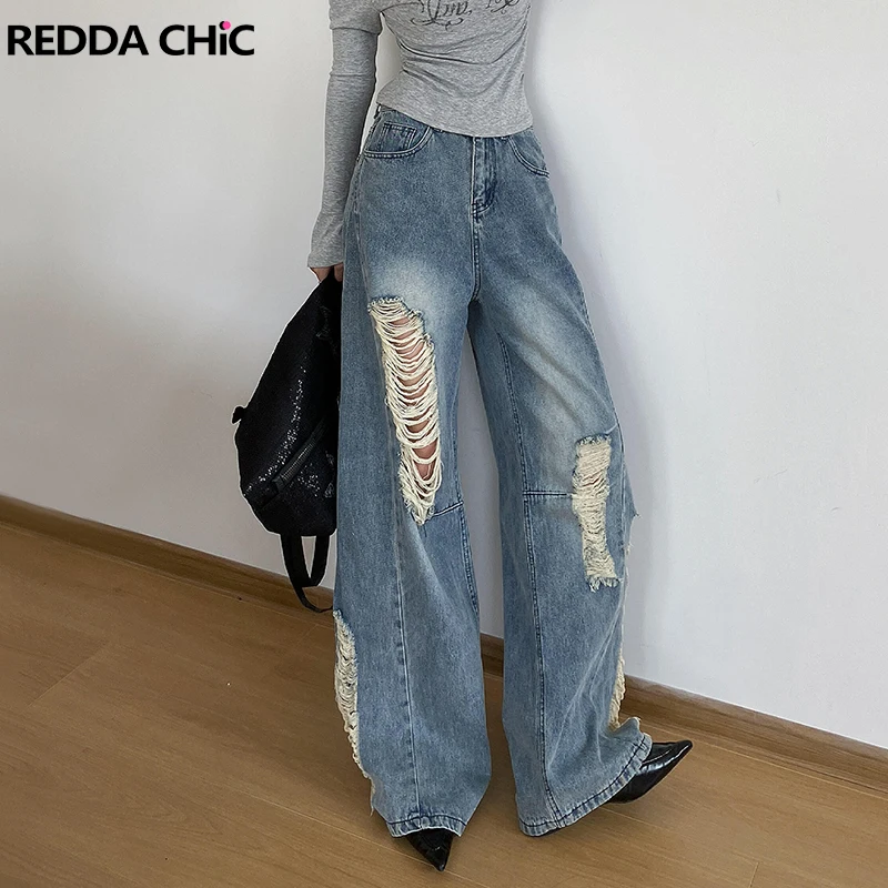 

ReddaChic Джинсовые рваные широкие брюки, простые повседневные брюки с низкой талией, лоскутные рваные джинсы-бойфренды с заниженной талией, корейская уличная одежда
