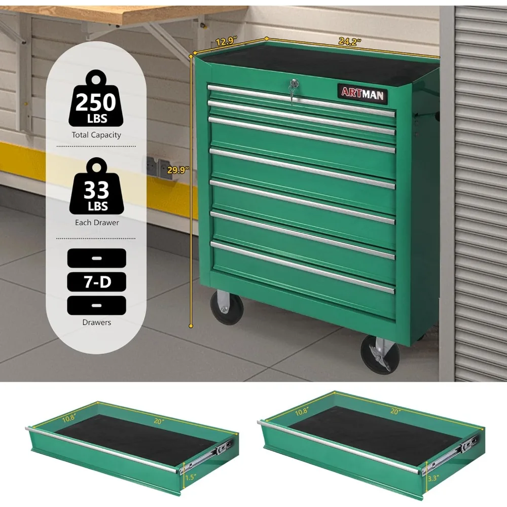 Tool Chest with 7 Drawers, Sturdy Multifunctional Mechanic Tool Storage Cabinet with Lockable Wheels Keys Portable