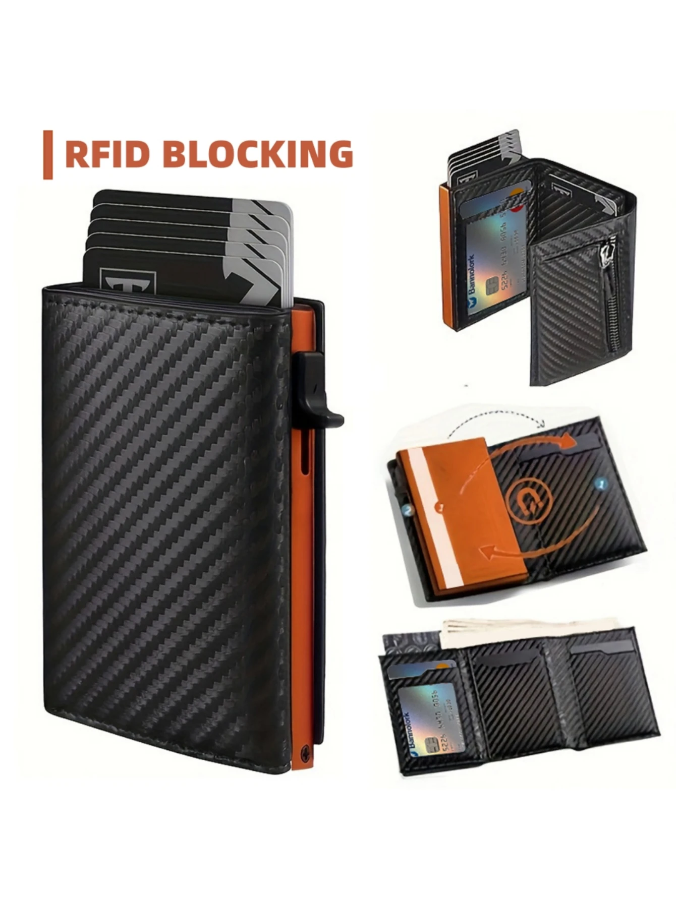 

Men Carbon Fiber RFID Blocking Card Holder Wallet, Auto Pop Up Metal Credit Card Case with Magnetic Closure, Slim Mini Purse