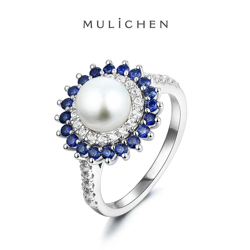 

MULICHEN Silver 925 Jewelry 7mm Natural Freshwater Pearls Rings Set Blue Sapphire Luxury Jewelry Moissanite Rings For Women