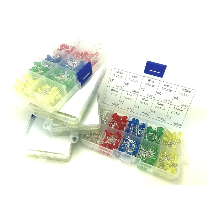 300PCS Inline LED 3MM 5MM Red Yellow Blue Green White Beads Short Pin Sample Box