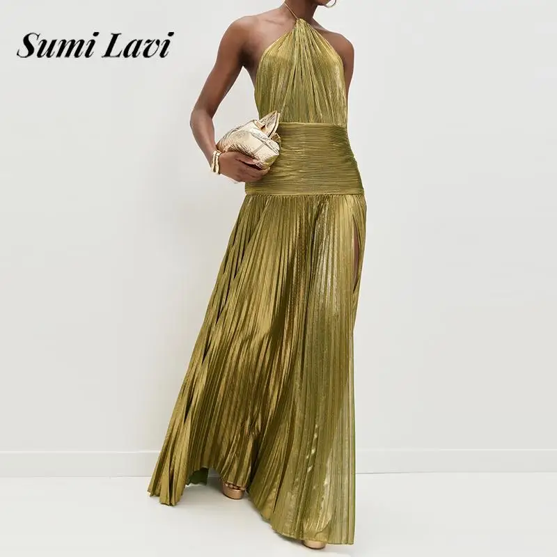 

Women Sexy Sleeveless High Split Long Dress Fashion Waist Slim Solid Party Dresses Summer Elegant Halter Backless Evening Dress