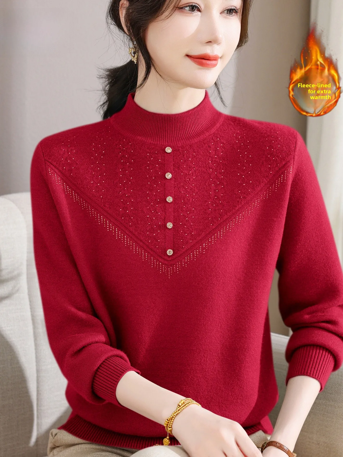 

Faionable Mid-aged Women's Fce-lined f-high Collar Sweater Warm Base Layer irt Inner Wear Top for Autumn Winter
