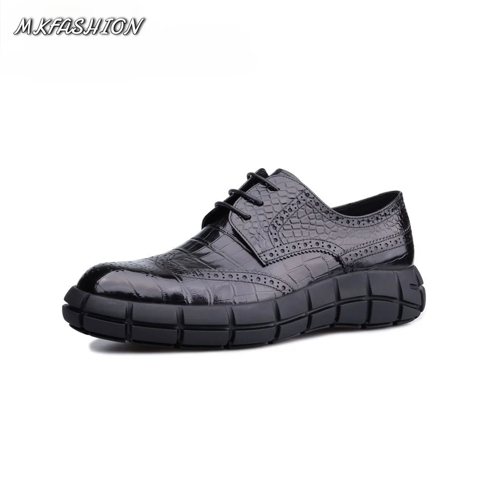 Men Brogue Dress Shoes Business Leather Crocodile Texture Thick Bottom Casual Oxfords