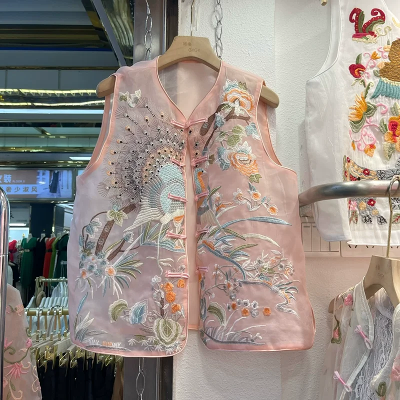 Women Vintage Floral Embroidery Short Vest Jacket Ladies National Style Vests  Casual WaistCoat Tops Embroidered Organza