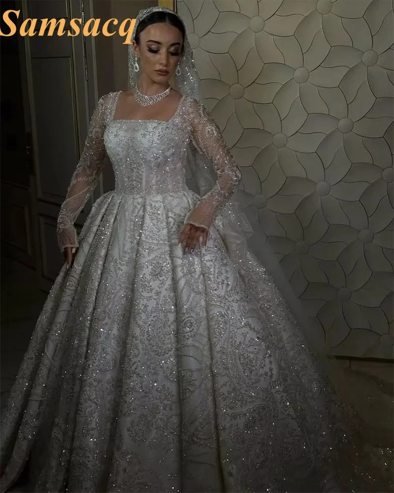 Samsacq Wedding Dresses Square Neck Long Sleeve Vestido De Novia Lace Sequined Beaded Customized Bridal Gowns Robe De Mariee