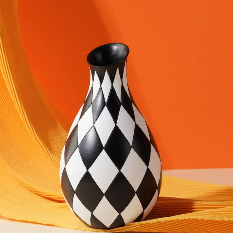 Black and White Checkered Vase, Aesthetic Modern Ins Cool Flower Vases for Home Decor, Entryway Table, Centerpieces Decoration
