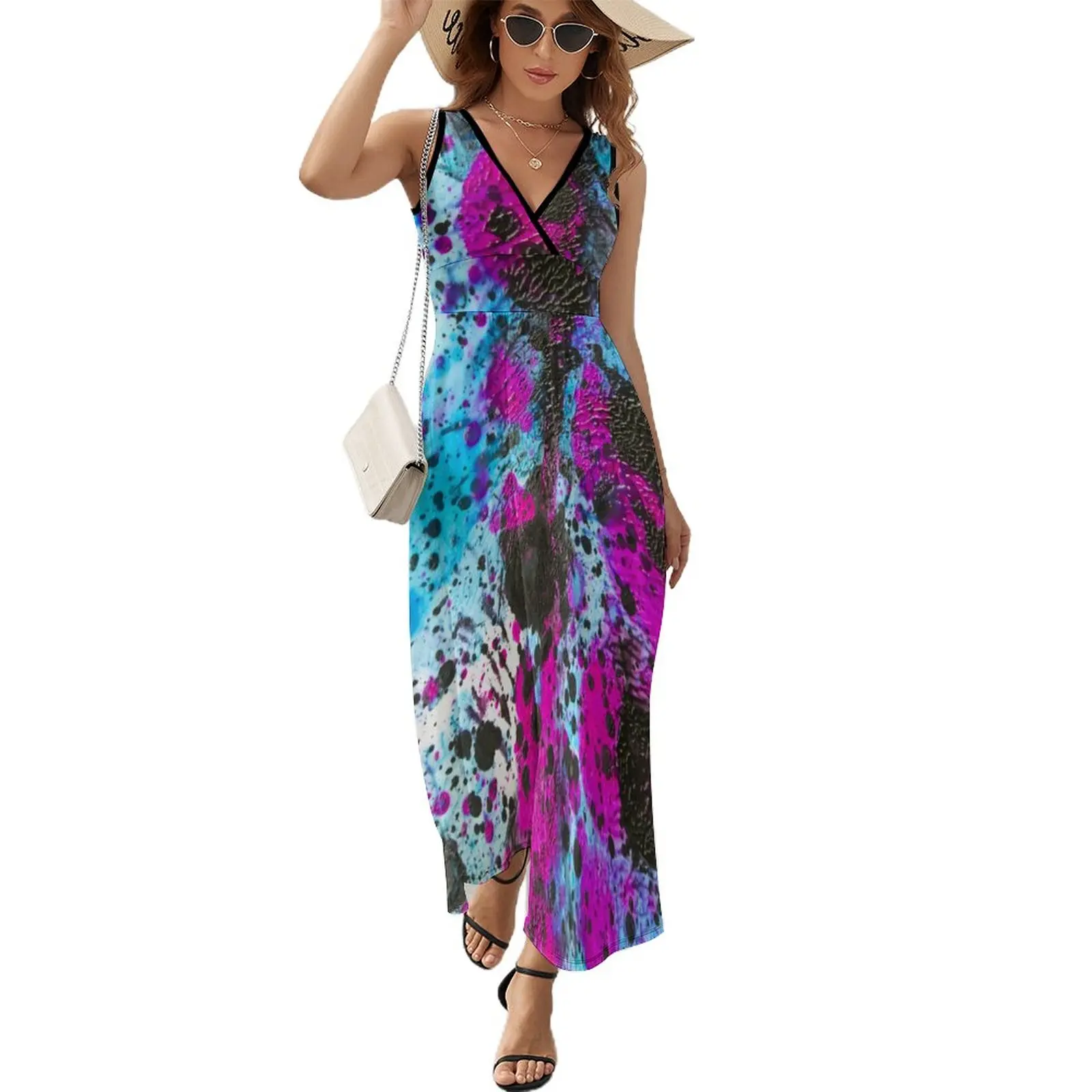 

Glow in Dark Splatter Neon Dress Summer Streetwear Bohemia Long Dresses Female Sleeveless Custom Beach Maxi Dress