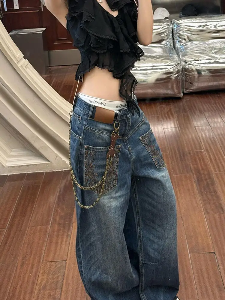 هوتشو خمر Y2k الجينز النساء الهيب هوب الأزرق فضفاض المتعثرة سراويل جينز التطريز شارع العليا الجرونج الرجعية واسعة الساق الجينز