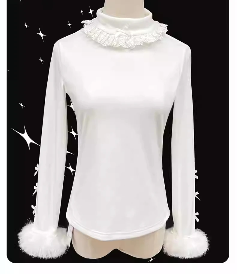 Lolita carino dolce caldo lavorato a maglia bianco a maniche lunghe camicia che tocca il fondo moda versatile sottile pizzo semi-dolcevole top con fiocco squisito