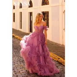 Sansa Lavender فساتين السهرة Off the Shoulder Tulle Vestidos De Noche Elegant Sleeveless Multilayer A-line Prom Dresses 2024