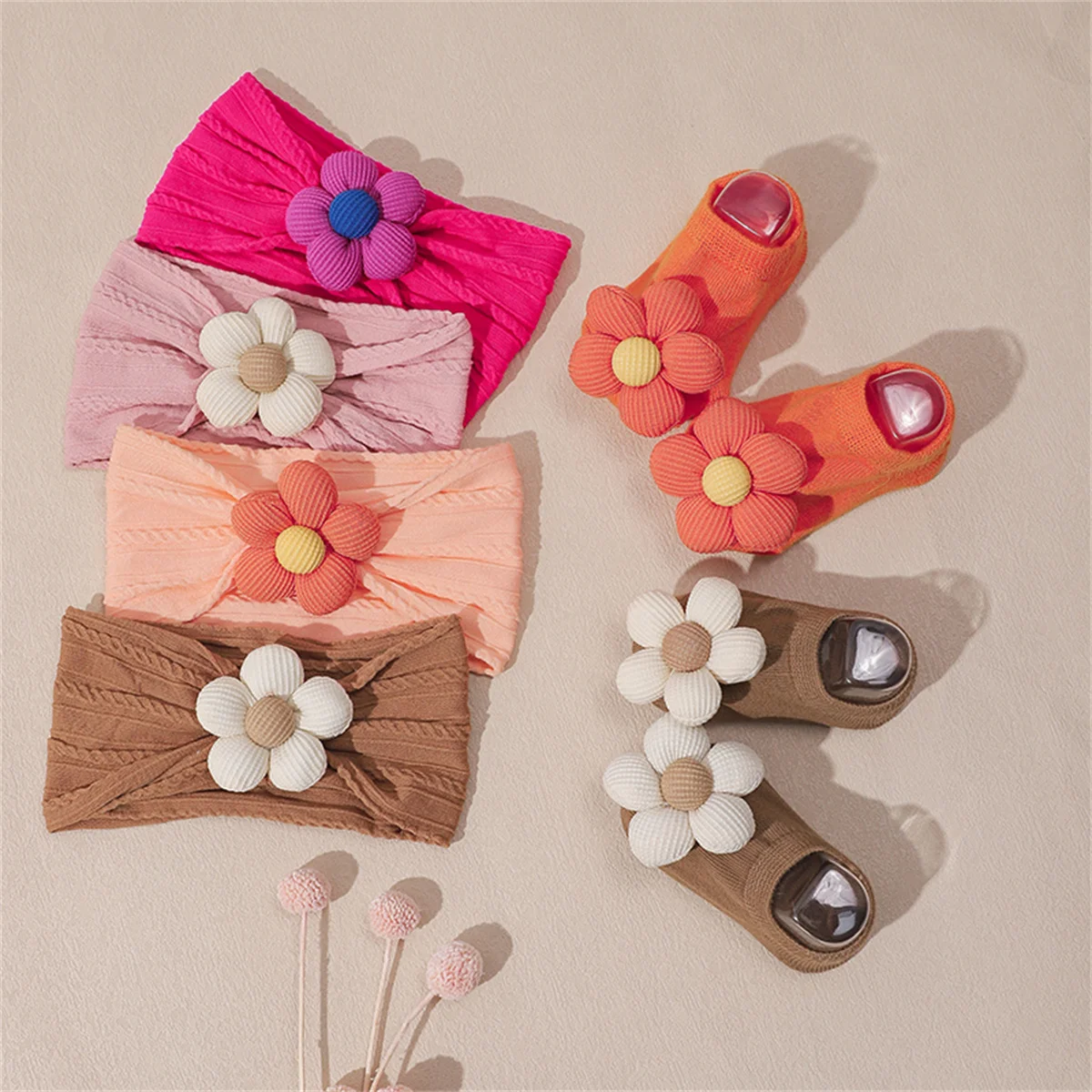 2Pcs Flower Baby Headband Socks Set Soft Nylon Hairband for Newborn Girl Elastic Floral Turban Short Sock Infant Headwear image 3