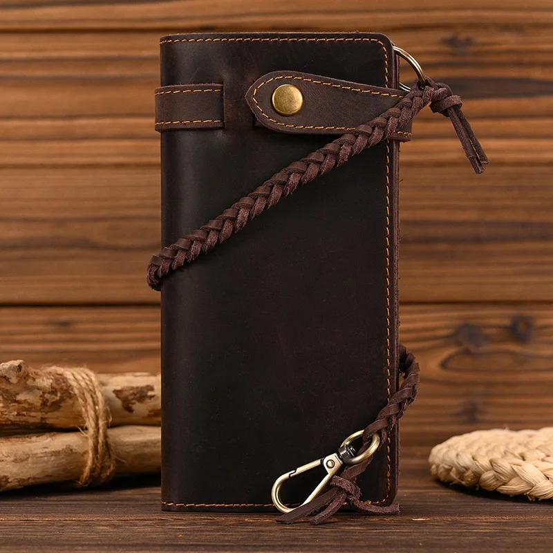 Vintage Hasp Open Genuine Cow Leather Men Wallet Large Capacity Crazy Horse Real Leather Man Bifold Purse Clutch Wallet chain