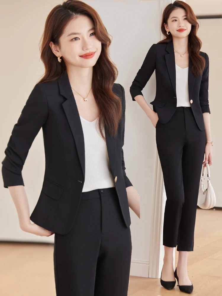 

Модный короткий черный костюм для женщин: элегантный деловой комплект из полиэстера с длинным рукавом, приталенный пиджак