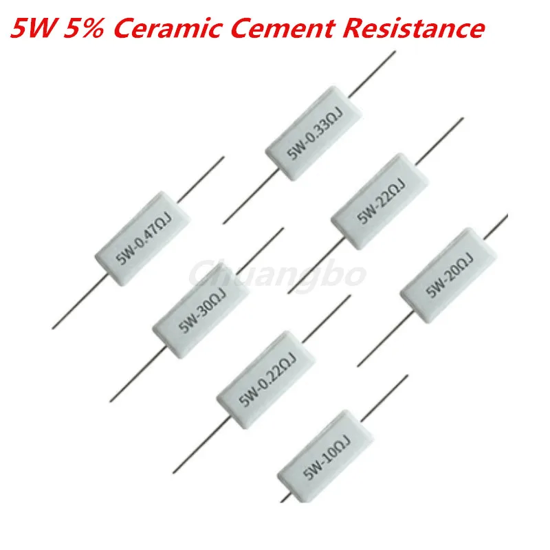 Resistencia de cemento cerámico 5%, 5W, 0,1 ~ 10K, 0.1R, 0.5R, 1R, 10R, 100R, 0,22, 0,33, 0,5, 1, 2, 5, 8, 10, 15, 20, 25, 30, 100, 1K, 10K ohm, 10