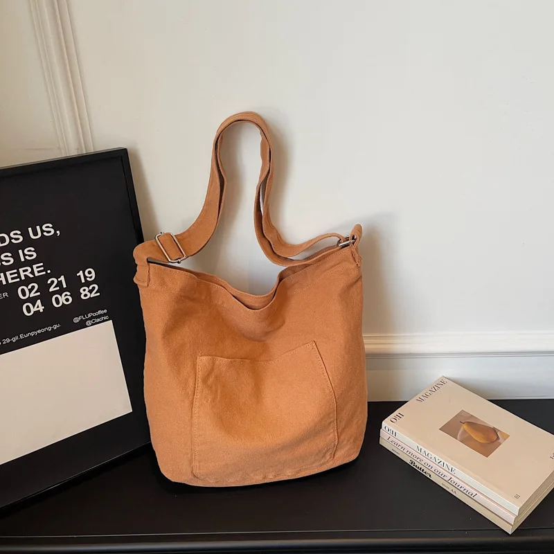 

Canvas Women Shoulder Shopper Bag Japanese Female Tote Bags 2026 New Solid Color Retro Large Blank Fashion Cloth Woman Handbags