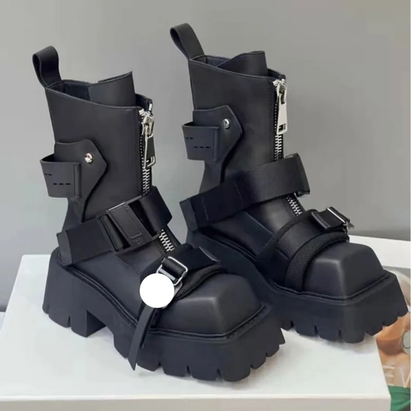 

2025 New Women European American Square Head Ankle Boots Belt Buckle Punk Gothic Thick-soled Velvet Women Boots Botas Para Mujer